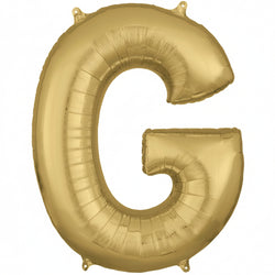 A supershape foil balloon in the shape of the letter 'G', with a white gold finish.