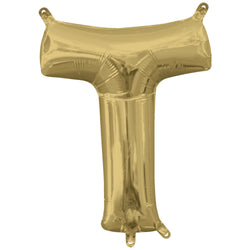 Gold letter 'T' balloon on a white background
