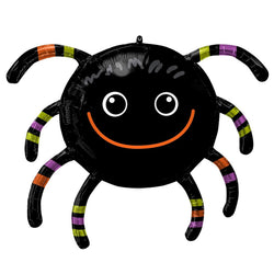 A black spider-shaped foil balloon with a smiling face and striped legs in orange, green, yellow, and purple, shown on a plain white background.