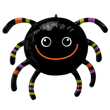 A black spider-shaped foil balloon with a smiling face and striped legs in orange, green, yellow, and purple, shown on a plain white background.