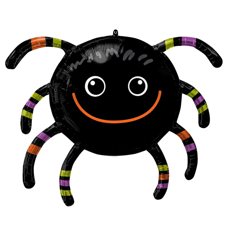 A black spider-shaped foil balloon with a smiling face and striped legs in orange, green, yellow, and purple, shown on a plain white background.