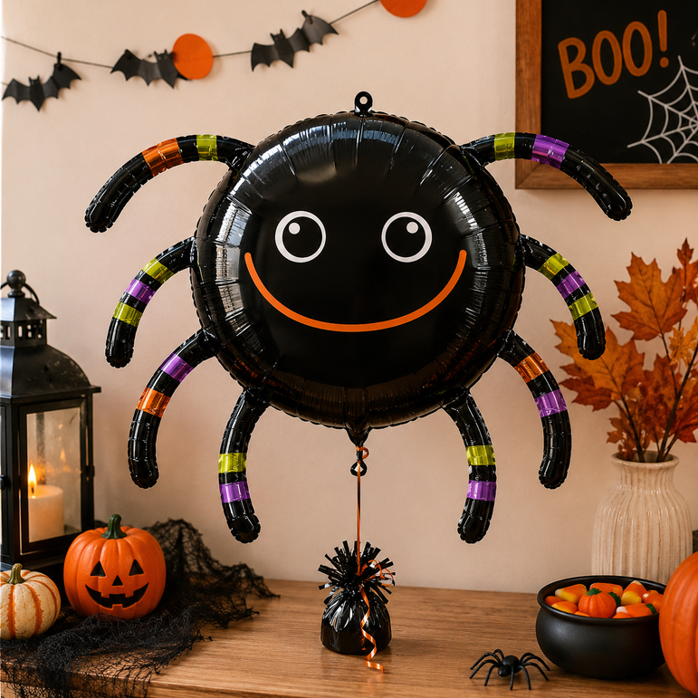 A black foil balloon shaped like a spider with a smiling face and striped legs, displayed on a wooden table in a Halloween-themed room with pumpkins, a lantern, and autumn decorations.
