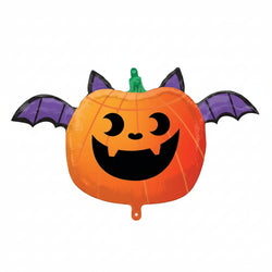 A standard shape balloon depicting a smiling pumpkin with bat wings and a green pump.
