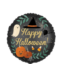 A round black satin foil balloon with a Halloween theme, featuring pumpkins, a ghost, a witch's hat, and the text 'Happy Halloween'.