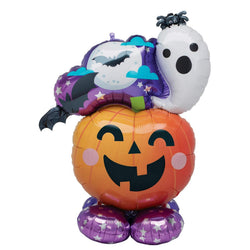 Inflatable ghost and pumpkin balloon decoration with a smiling pumpkin base and a white ghost figure with black hair on top.