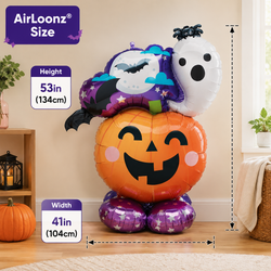 Halloween-themed inflatable balloon decoration shaped like a jack-o'-lantern with a ghost and purple bat balloon on top, shown in a room with measurement callouts for height and width.