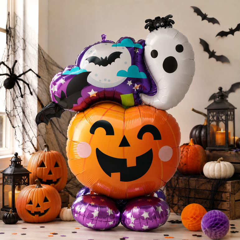 Halloween balloon bouquet featuring a large orange jack-o'-lantern balloon with a black face, a white ghost balloon, a purple witch hat balloon with black bats, and two purple star-patterned round balloons at the base, styled with pumpkins, lanterns, and black bat decals in a room setting.