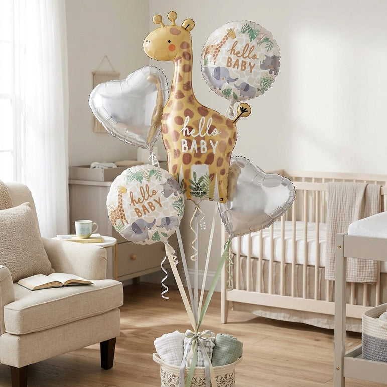 Baby Shower Soft Jungle Hello Baby Balloon Bouquet, 5pcs