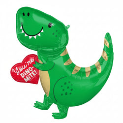 A green dinosaur-shaped balloon with a smaller red heart-shaped balloon attached to it, featuring gold details and a smiling face.
