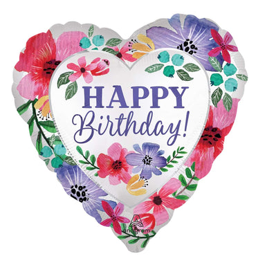 Happy Birthday Florals Heart Satin Foil Balloon 18in