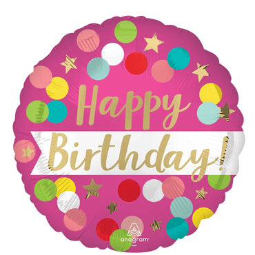 Happy Birthday Pink Confetti Satin Foil Balloon 18in