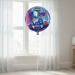 Balloon with Batwheels DC design featuring superhero vehicles and characters.