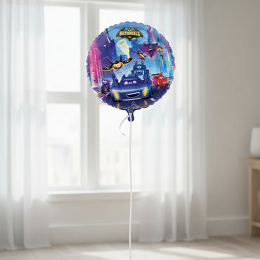 Balloon with Batwheels DC design featuring superhero vehicles and characters.
