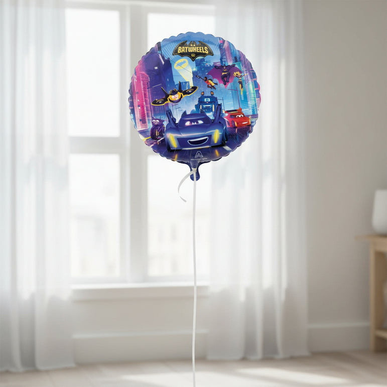 Balloon with Batwheels DC design featuring superhero vehicles and characters.