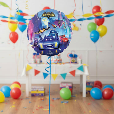 Balloon with Batwheels DC design featuring superhero vehicles and characters.