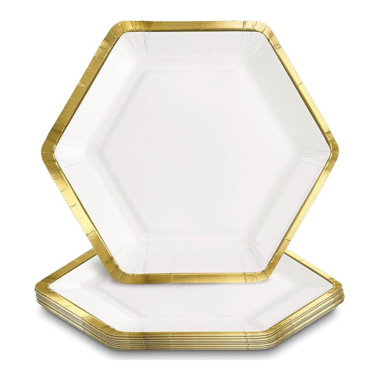 Frosty White Metallic Hexagonal Paper Plates 7in 8pcs