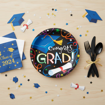 Colorful Grad Celebration Round Paper Dessert Plates 7 in 8 pcs