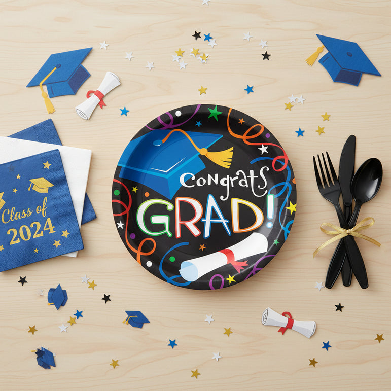 Colorful Grad Celebration Round Paper Dessert Plates 7 in 8 pcs