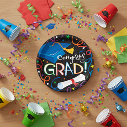 Colorful Grad Celebration Round Paper Plates 9 in 8 pcs