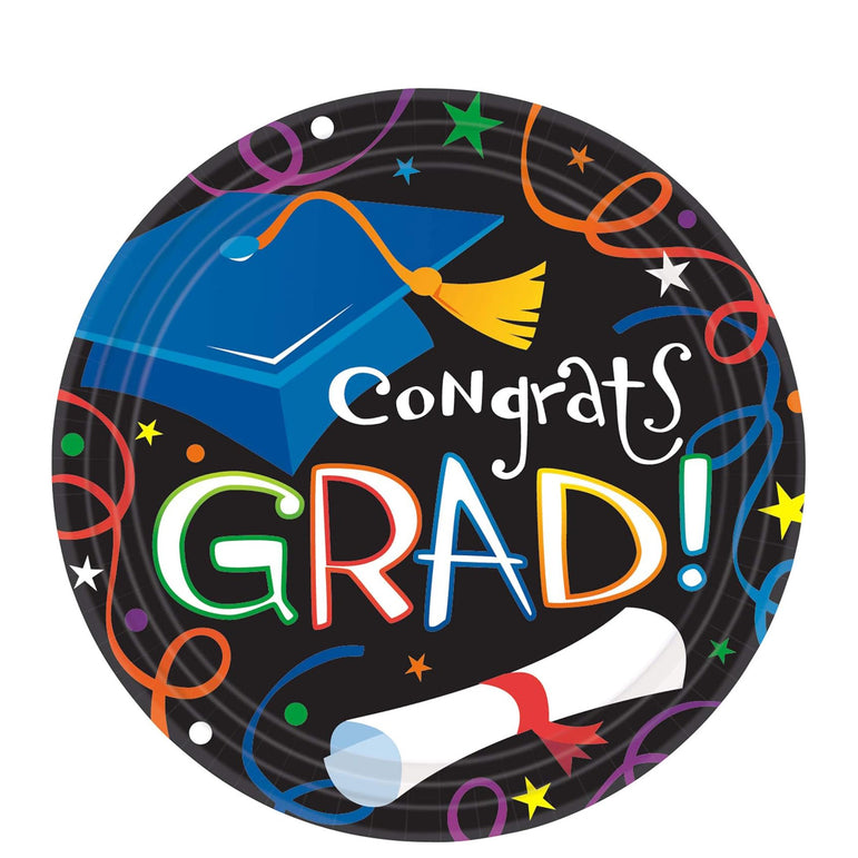 Colorful Grad Celebration Round Paper Plates 9 in 8 pcs