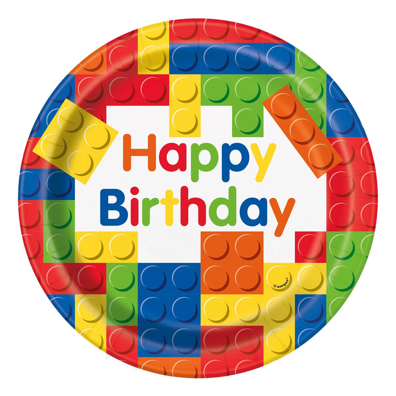 Building Blocks Birthday Large Round Paper Plates 9in 8pcs
