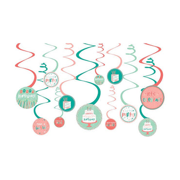 Happy Cake Day Hanging Swirl Decorations With Cutouts 5in, 12pcs