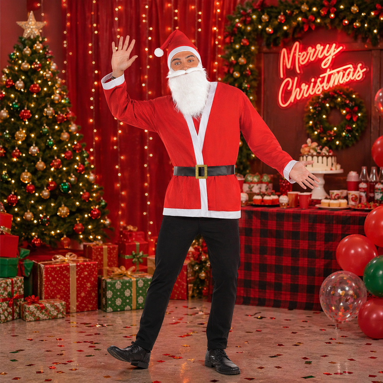 Man in a Santa Claus costume standing in a festive room with Christmas decorations.