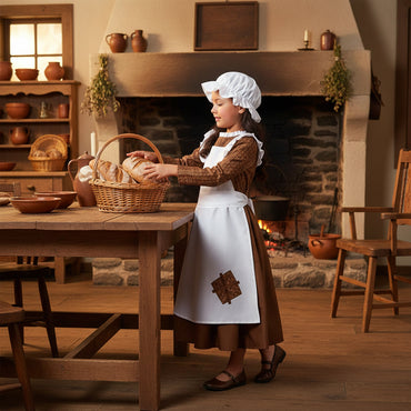 Child wearing a Pilgrim costume with a white apron and brown dress on a white background