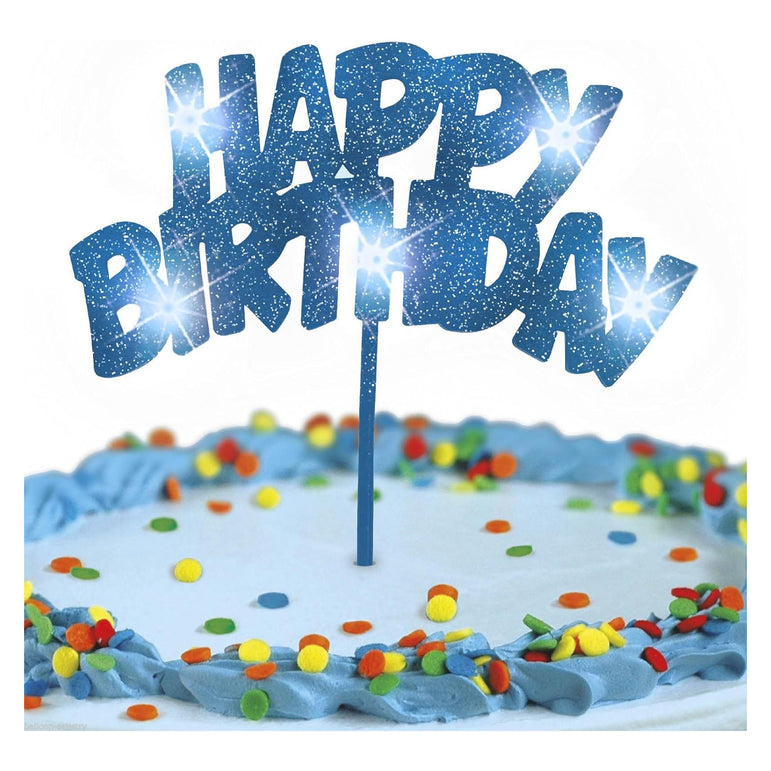 Blue Flashing Happy Birthday Pick Cake Decoration