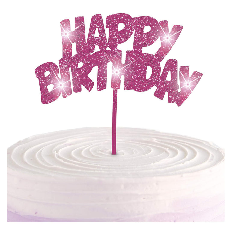 Pink Flashing Happy Birthday Pick Cake Decoration
