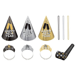 New Years Eve Party Kits with Cone Hats Black,Silver,Gold For 10 People
