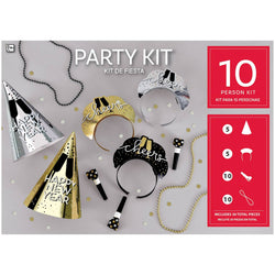 New Years Eve Party Kits with Cone Hats Black,Silver,Gold For 10 People