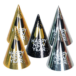 New Years Eve Party Kits with Cone Hats Black,Silver,Gold For 10 People