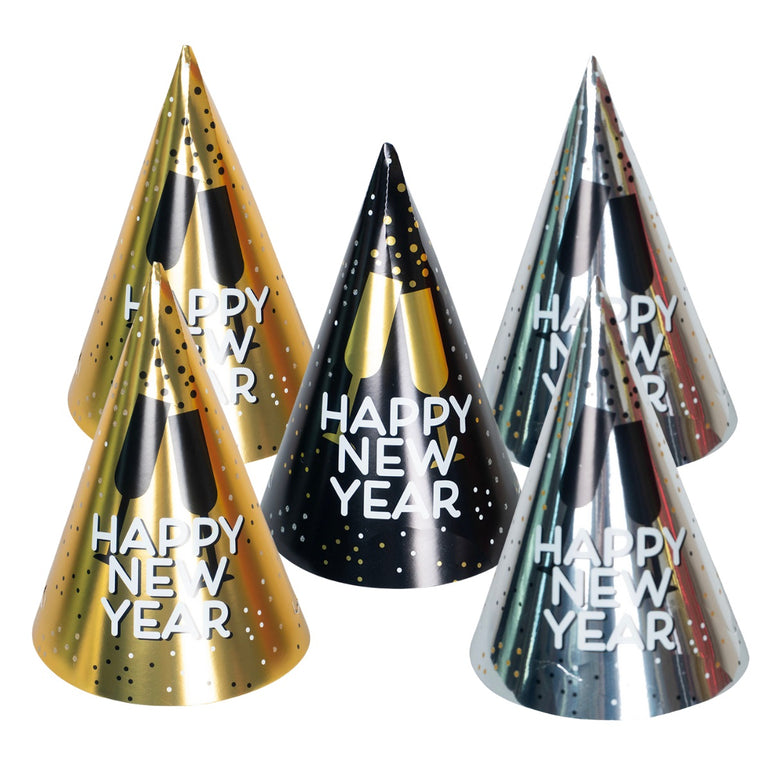 New Years Eve Party Kits with Cone Hats Black,Silver,Gold For 10 People