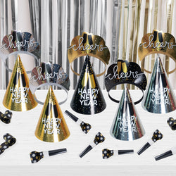 New Years Eve Party Kits with Cone Hats Black,Silver,Gold For 10 People