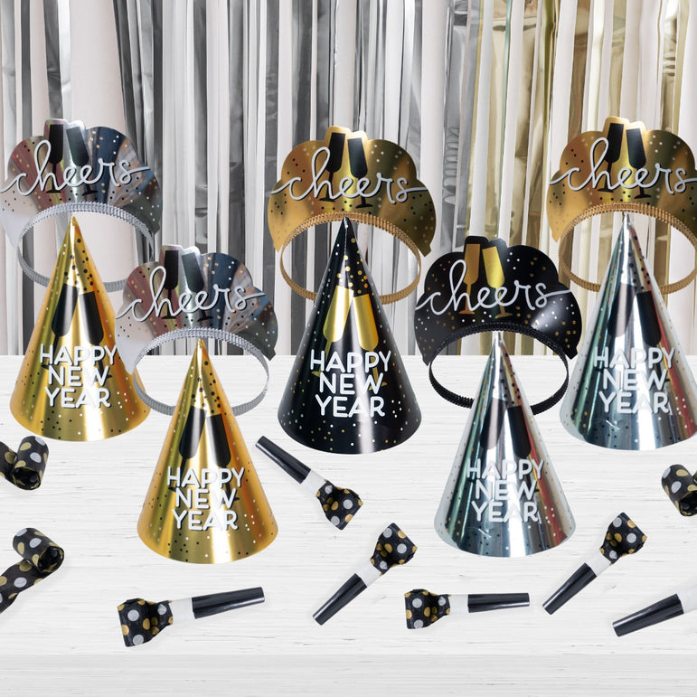 New Years Eve Party Kits with Cone Hats Black,Silver,Gold For 10 People