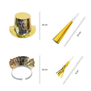 New Years Eve Party Kits with Hats Black,Silver,Gold For 10 People