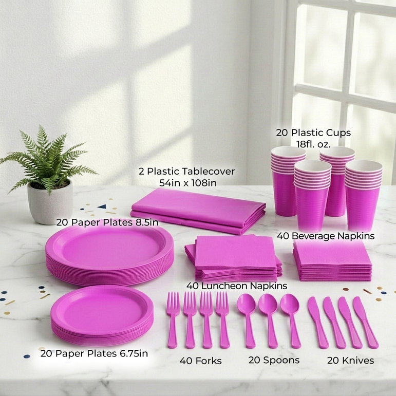 Premium Bright Pink Tableware Set for 20 Guests