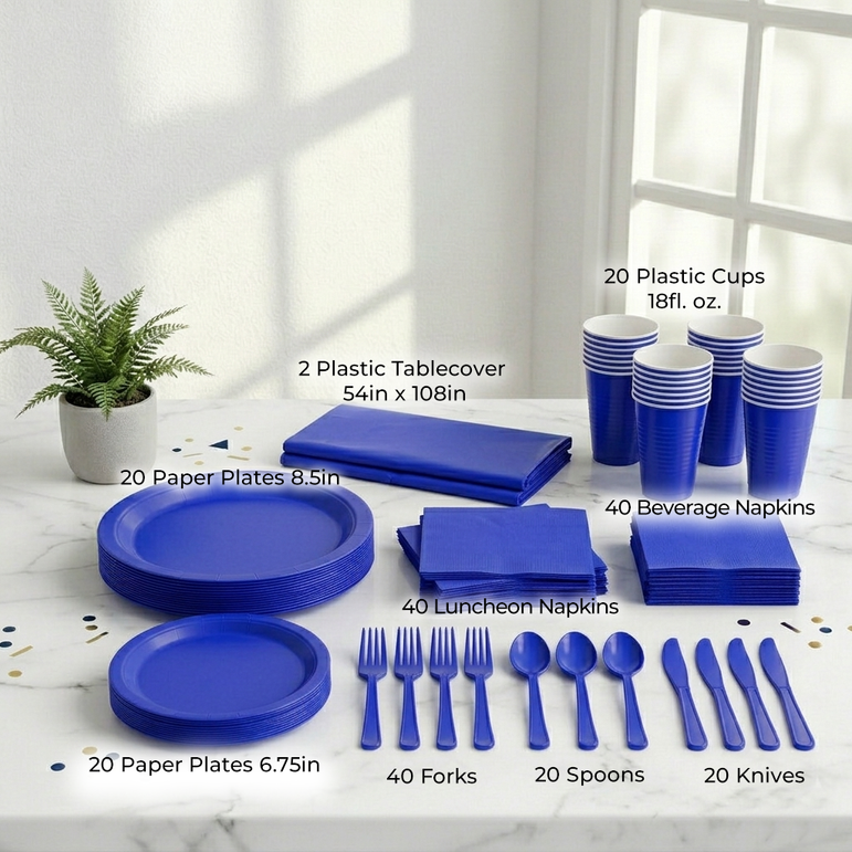 Premium Bright Royal Blue Tableware Set for 20 Guests