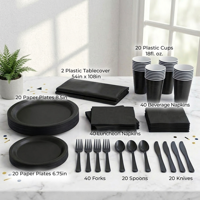 Premium Jet Black Tableware Set for 20 Guests
