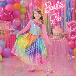 Child Barbie Magical Princess Gown - Sparkle Dress with Pink Sleeves & Multicolor Skirt Costume Set