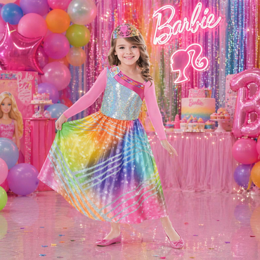Child Barbie Magical Princess Gown - Sparkle Dress with Pink Sleeves & Multicolor Skirt Costume Set
