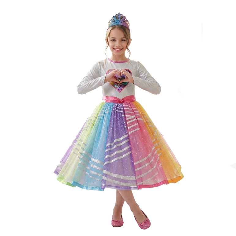 Child Barbie Multicolor Magic Costume with Color-Changing Sequin Heart Dress