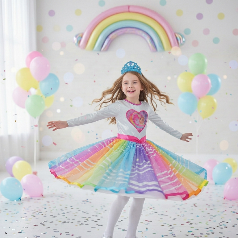 Child Barbie Multicolor Magic Costume with Color-Changing Sequin Heart Dress