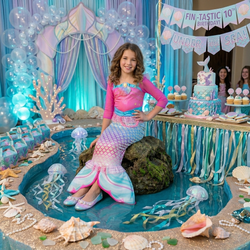 Young girl in a mermaid costume at a 'Under the Sea' themed birthday party.