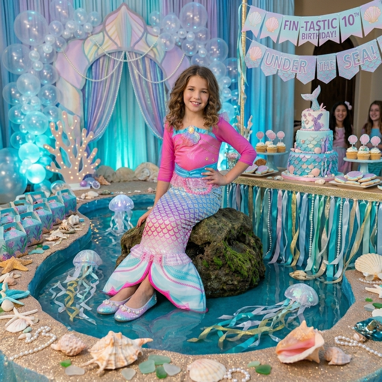 Young girl in a mermaid costume at a 'Under the Sea' themed birthday party.