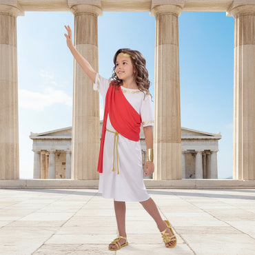 Child wearing a Roman costume with a red toga on a white background