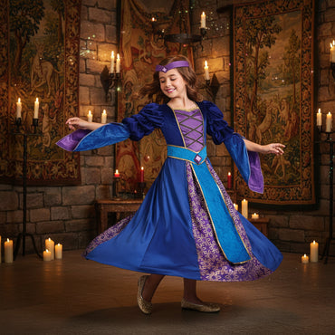 Child wearing a blue and purple medieval dress on a white background