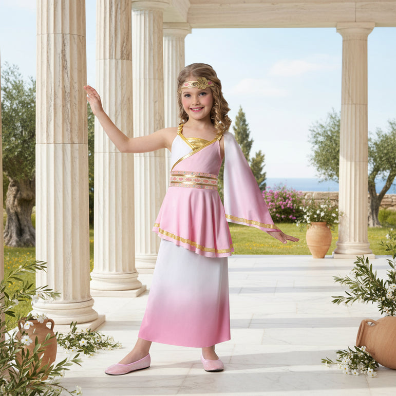 Child wearing a pink and white costume with gold accents on a white background