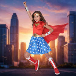 Child wearing a Wonder Woman costume with a red top, blue skirt with star pattern, and cape on a white background.